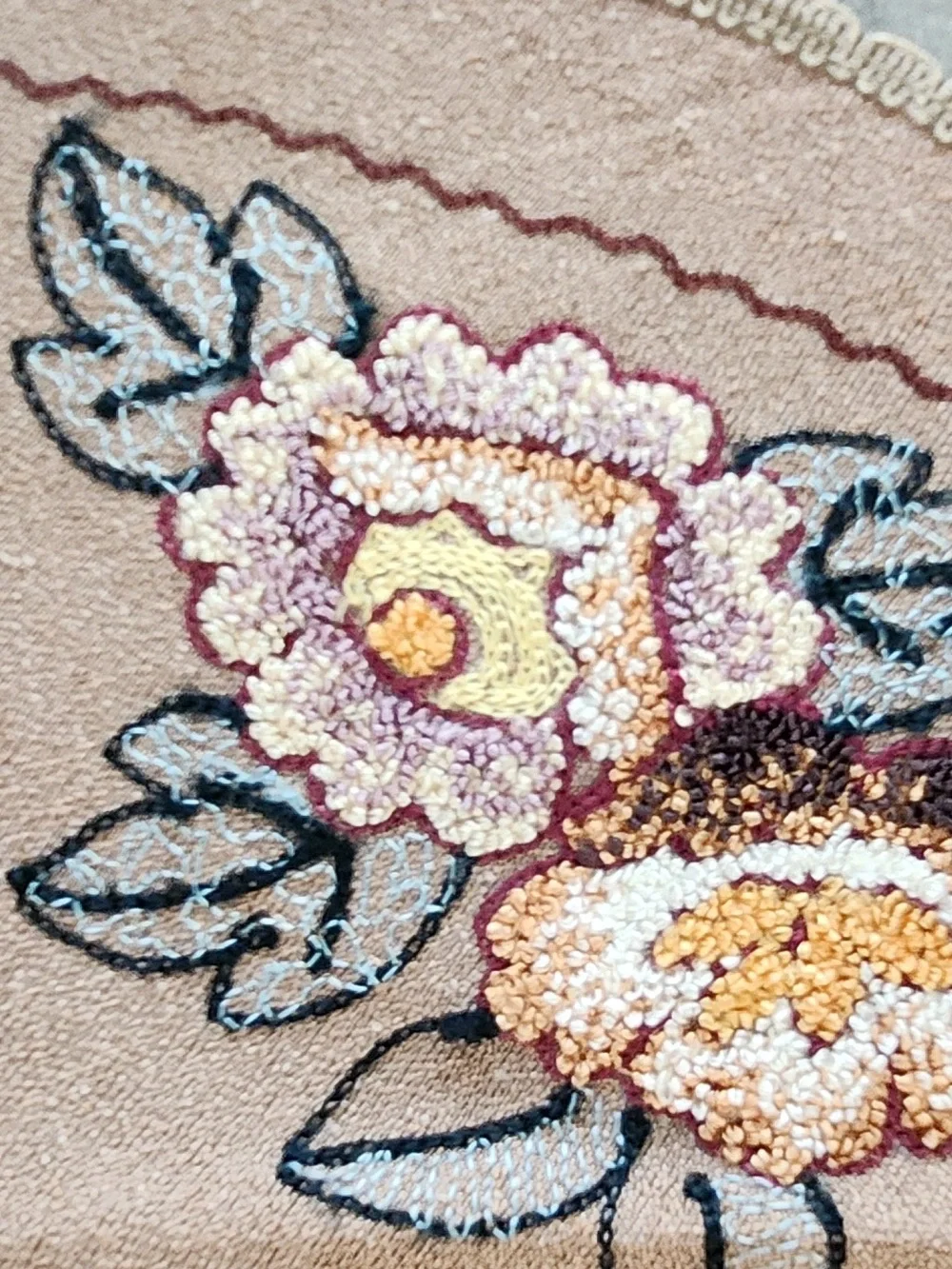 Vintage Punch Needle Embroidered Table Mat / Doily Warm Earth Tones